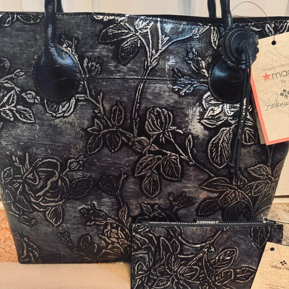 NWT! Elegant Patricia Nash Eastleigh Blackw/Silver Leaf Embossed Leather Tote! - Picture 4 of 15